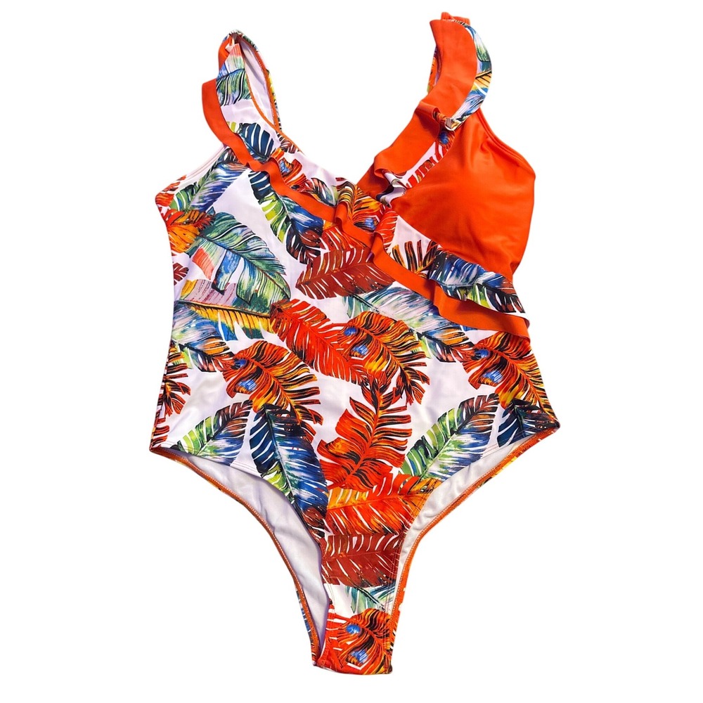Tropical Palm Leaf Ruffle Cutout One Piece Swimsuit Orange Plus Size 2XL